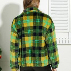 Allegra K Women's Winter Zip Pocket Plaid Teddy Jacket Oversize Faux Fur Fluffy Short Coat