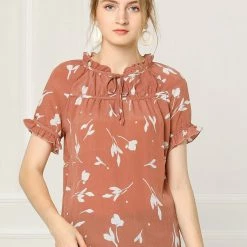 Allegra K Women's Floral Tie Neck Ruffle Short Sleeves Peasant Blouse Top 41 Allegra K Women's Floral Tie Neck Ruffle Short Sleeves Peasant Blouse Top