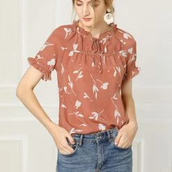 Allegra K Women's Floral Tie Neck Ruffle Short Sleeves Peasant Blouse Top 42 Allegra K Women's Floral Tie Neck Ruffle Short Sleeves Peasant Blouse Top