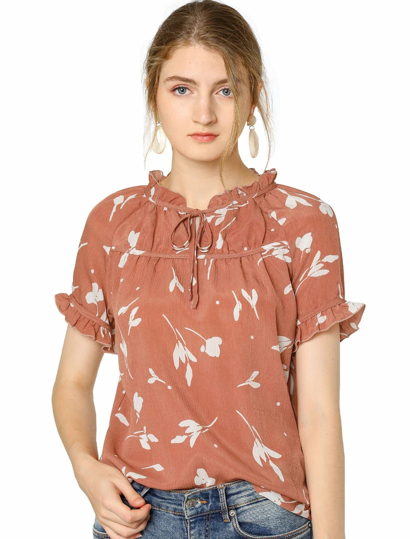 Allegra K Women's Floral Tie Neck Ruffle Short Sleeves Peasant Blouse Top 16 Allegra K Women's Floral Tie Neck Ruffle Short Sleeves Peasant Blouse Top