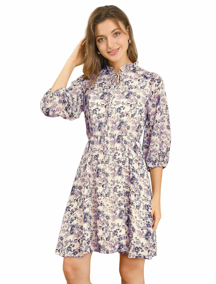 Allegra K Women's Tie Slit Ruffle Neck Bubble Sleeve Elastic Waist Boho Floral Dress 10 Allegra K Women's Tie Slit Ruffle Neck Bubble Sleeve Elastic Waist Boho Floral Dress