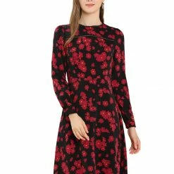 Allegra K Women's Floral Print Lace Trim Round Neck Elegant Puff Sleeve Mini Dress