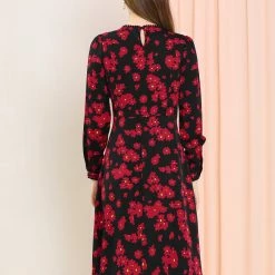 Allegra K Women's Floral Print Lace Trim Round Neck Elegant Puff Sleeve Mini Dress