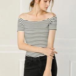 Allegra K Women's Slim Fit Short Sleeves Off The Shoulder Cropped Top