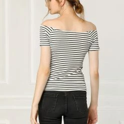 Allegra K Women's Slim Fit Short Sleeves Off The Shoulder Cropped Top