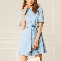 Allegra K Women's Casual Short Ruffled Sleeve Cotton Solid Color Button Down Shirt Dress With Belt