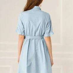 Allegra K Women's Casual Short Ruffled Sleeve Cotton Solid Color Button Down Shirt Dress With Belt