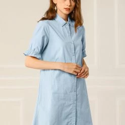 Allegra K Women's Casual Short Ruffled Sleeve Cotton Solid Color Button Down Shirt Dress With Belt