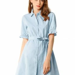 Allegra K Women's Casual Short Ruffled Sleeve Cotton Solid Color Button Down Shirt Dress With Belt