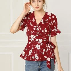 Allegra K Women's Wrap Peplum Top Blouse Tie Waist Short Sleeve Ruffle Floral V Neck Belted Shirts