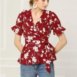 Allegra K Women's Wrap Peplum Top Blouse Tie Waist Short Sleeve Ruffle Floral V Neck Belted Shirts