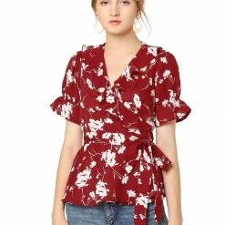 Allegra K Women's Wrap Peplum Top Blouse Tie Waist Short Sleeve Ruffle Floral V Neck Belted Shirts