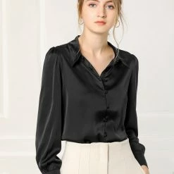 Allegra K Women's Satin Blouse Puff Sleeve Point Collar Vintage Button Up Shirt Tops