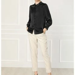 Allegra K Women's Satin Blouse Puff Sleeve Point Collar Vintage Button Up Shirt Tops