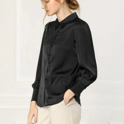 Allegra K Women's Satin Blouse Puff Sleeve Point Collar Vintage Button Up Shirt Tops