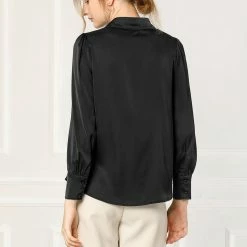 Allegra K Women's Satin Blouse Puff Sleeve Point Collar Vintage Button Up Shirt Tops