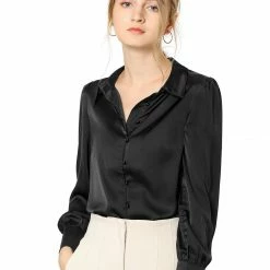 Allegra K Women's Satin Blouse Puff Sleeve Point Collar Vintage Button Up Shirt Tops