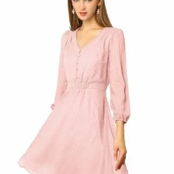 Allegra K Women's Elastic Waist Flowy Dress V Neck 3/4 Sleeve A-line Chiffon Dresses