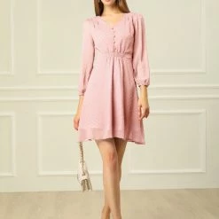 Allegra K Women's Elastic Waist Flowy Dress V Neck 3/4 Sleeve A-line Chiffon Dresses