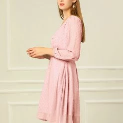 Allegra K Women's Elastic Waist Flowy Dress V Neck 3/4 Sleeve A-line Chiffon Dresses