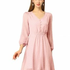 Allegra K Women's Elastic Waist Flowy Dress V Neck 3/4 Sleeve A-line Chiffon Dresses