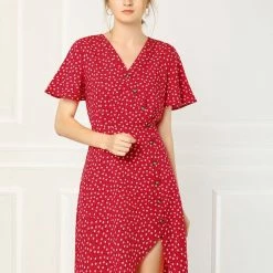 Allegra K Women's Short Sleeve Casual V Neck Asymmetrical High Low Floral Midi Dress