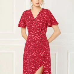 Allegra K Women's Short Sleeve Casual V Neck Asymmetrical High Low Floral Midi Dress