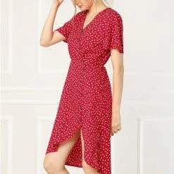 Allegra K Women's Short Sleeve Casual V Neck Asymmetrical High Low Floral Midi Dress