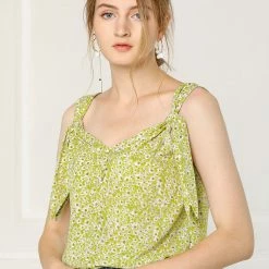 Allegra K Women's Floral V Neck Knot Shoulder Cami Tank Sleeveless Blouse Top