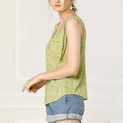 Allegra K Women's Floral V Neck Knot Shoulder Cami Tank Sleeveless Blouse Top