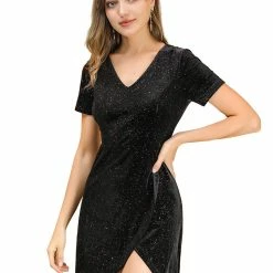 Allegra K Women's Velvet V-Neck Short Sleeve Sparkle Glitter Shiny Party Mini Dress