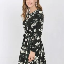 Allegra K Women's Floral Keyhole Dress Chiffon Long Sleeves Belted Spring Dress
