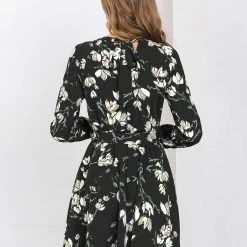 Allegra K Women's Floral Keyhole Dress Chiffon Long Sleeves Belted Spring Dress
