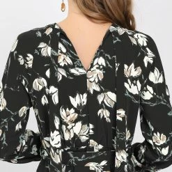 Allegra K Women's Floral Keyhole Dress Chiffon Long Sleeves Belted Spring Dress