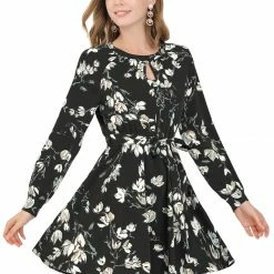 Allegra K Women's Floral Keyhole Dress Chiffon Long Sleeves Belted Spring Dress