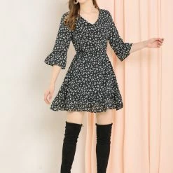 Allegra K Women's Ruffle Sleeve V Neck Elastic Waist A-Line Floral Mini Dress