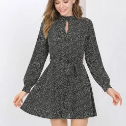 Allegra K Women's Dots Long Sleeve Mock Neck Keyhole Tie Waist A-line Dress 24 Allegra K Women's Dots Long Sleeve Mock Neck Keyhole Tie Waist A-line Dress