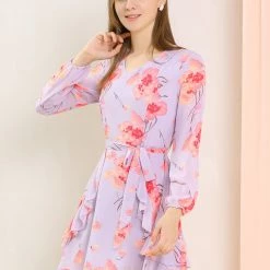 Allegra K Women's Floral Print V Neck Ruffle Front Belted Flowy Dress 30 Allegra K Women's Floral Print V Neck Ruffle Front Belted Flowy Dress