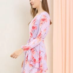 Allegra K Women's Floral Print V Neck Ruffle Front Belted Flowy Dress 32 Allegra K Women's Floral Print V Neck Ruffle Front Belted Flowy Dress