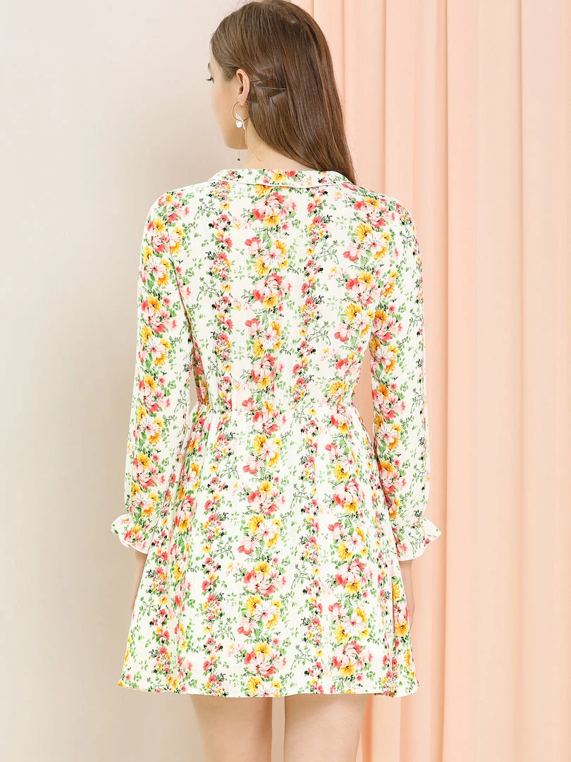 Allegra K Women's Ruffle Flower Boho 3/4 Sleeve Floral Print Vintage Tie Waist Mini Dress 14 Allegra K Women's Ruffle Flower Boho 3/4 Sleeve Floral Print Vintage Tie Waist Mini Dress