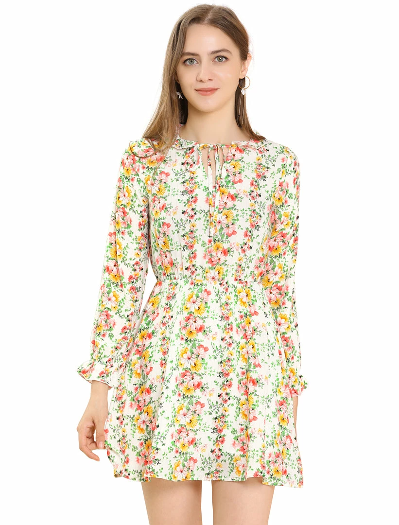 Allegra K Women's Ruffle Flower Boho 3/4 Sleeve Floral Print Vintage Tie Waist Mini Dress 10 Allegra K Women's Ruffle Flower Boho 3/4 Sleeve Floral Print Vintage Tie Waist Mini Dress