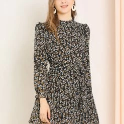 Allegra K Women's Ruffle Stand Collar Belted Floral Keyhole Back Half Lined Elastic Waist Dress