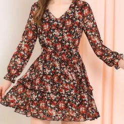 Allegra K Women's Casual Long Sleeve V Neck Elastic Waist Ruffle Hem A Line Floral Dress With Belt