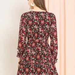 Allegra K Women's Casual Long Sleeve V Neck Elastic Waist Ruffle Hem A Line Floral Dress With Belt