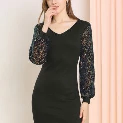 Allegra K Women's Metallic Sequin Long Sleeve V Neck Shiny Contrast Color Mini Dress 25 Allegra K Women's Metallic Sequin Long Sleeve V Neck Shiny Contrast Color Mini Dress