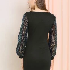 Allegra K Women's Metallic Sequin Long Sleeve V Neck Shiny Contrast Color Mini Dress 27 Allegra K Women's Metallic Sequin Long Sleeve V Neck Shiny Contrast Color Mini Dress