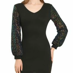 Allegra K Women's Metallic Sequin Long Sleeve V Neck Shiny Contrast Color Mini Dress 23 Allegra K Women's Metallic Sequin Long Sleeve V Neck Shiny Contrast Color Mini Dress