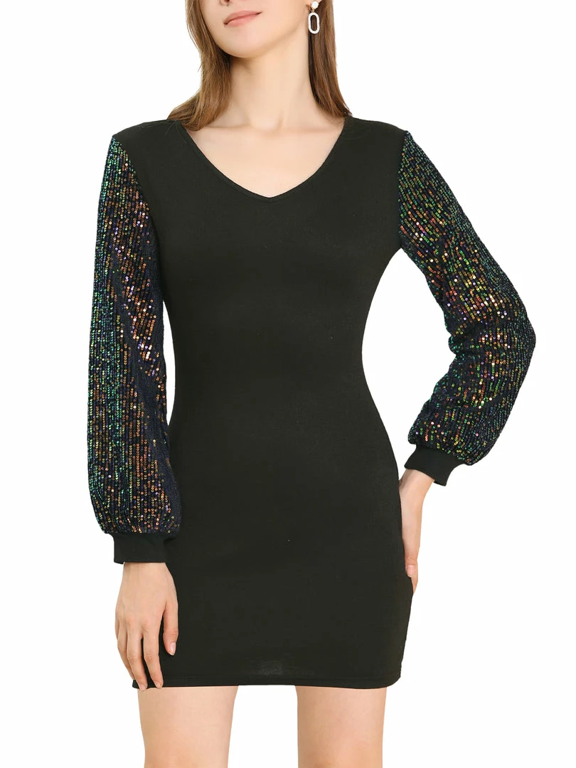 Allegra K Women's Metallic Sequin Long Sleeve V Neck Shiny Contrast Color Mini Dress 10 Allegra K Women's Metallic Sequin Long Sleeve V Neck Shiny Contrast Color Mini Dress