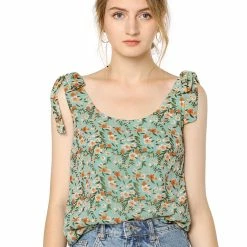 Allegra K Women's Floral Summer Sleeveless Bow Tie Decor Tank Tops Casual Blouse