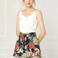 Allegra K Women's High Tie Elastic Waist Ruffle A-Line Floral Culottes Shorts